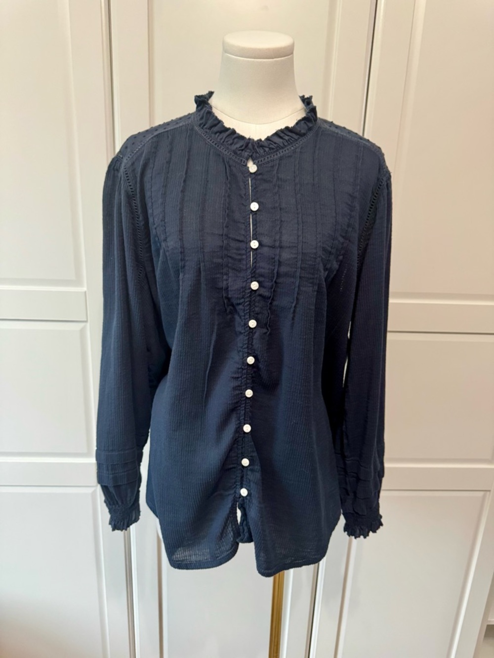 Quince Organic Textured Cotton Peasant Classic Navy Ruffle Sleeve‎ Blouse XL - Picture 7 of 14